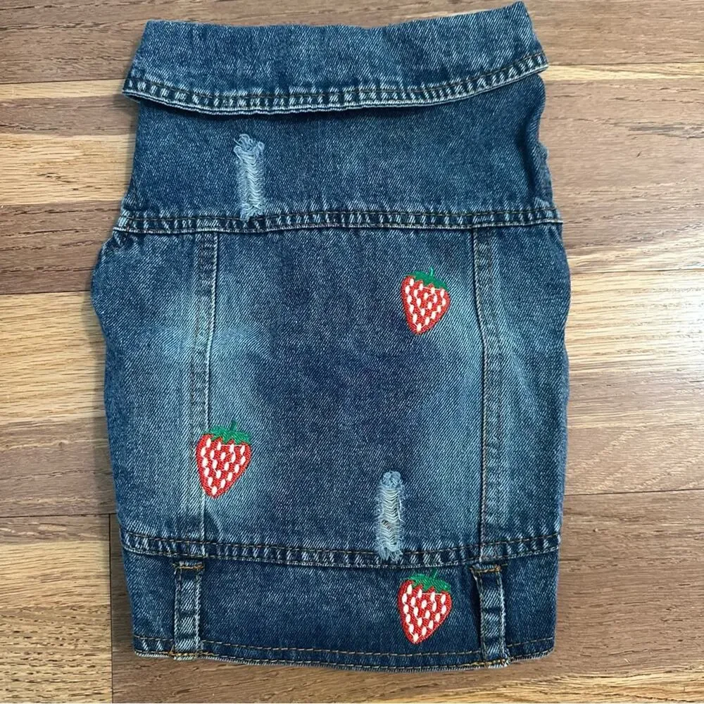 Dog Denim Jacket, Embroidered Strawberries,‎ Distressing, Pet, Snap Buttons, XL